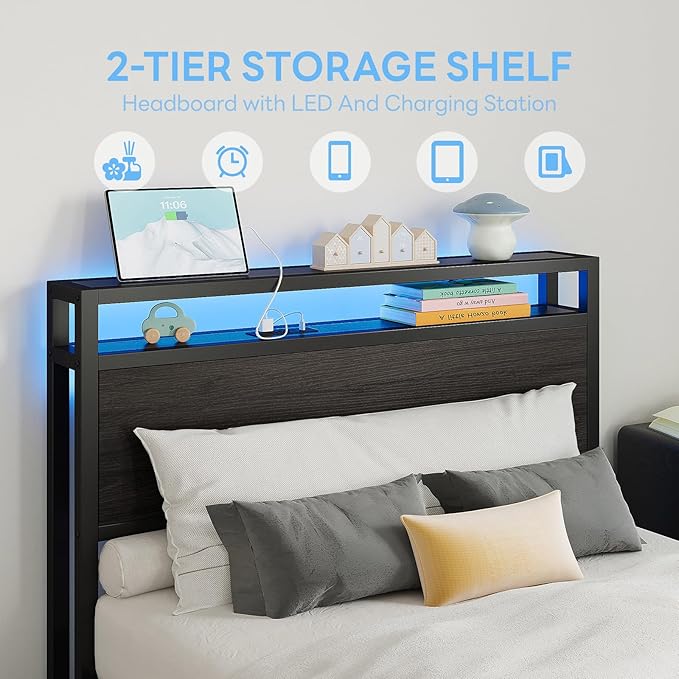 LIKIMIO Twin XL Bed Frame with 2-Tier Shelves &amp Charging Station &amp LED Light DIY Layout Storage Drawers Suitable for Teen Rooms Small Apartments &amp Bedrooms Gray Black