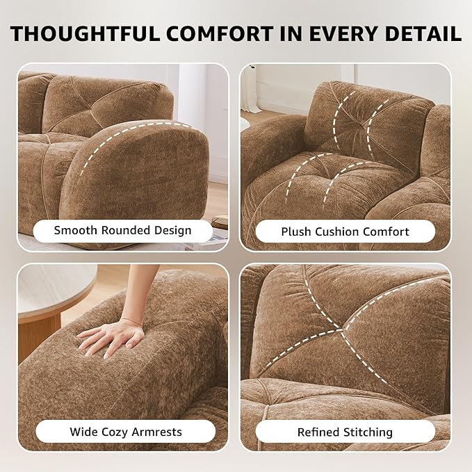 Camel 4-Seater Sectional Couches for Living Room Velvet Fabric Boneless Couch in a Box No Assembly Cloud Modular Sectional Sofa Foam Couch Compressed Sofa Set for Apartment Sofas para Sala