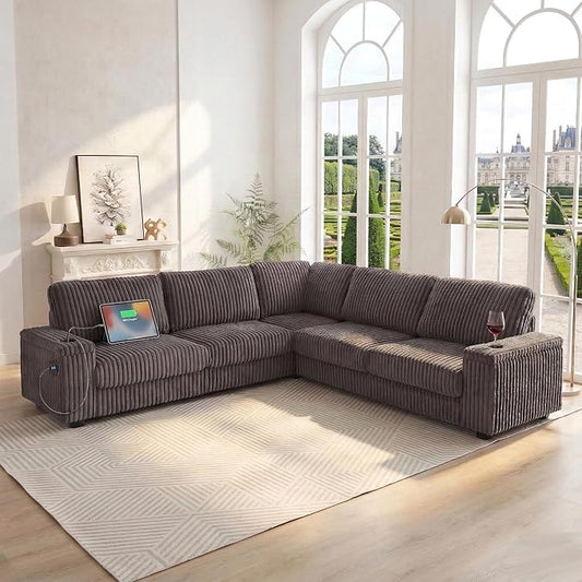 Oversized Modular Sectional Sofa 5 Seater L-Shaped Corner Couch with USB Charging Cup Holders Plush Corduroy V-Shaped Sectional Couches for Living Room (Grey) | Corner Couch USB Cup Holders Cord