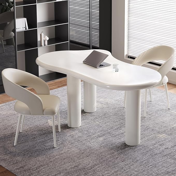 Modern 62.2 Cloud-Shaped Cream White Office Desk with Sculptural Pillar Legs Rounded Corners Minimalist Computer Table Easy to Assemble Ideal for Home Office (Desk Only)
