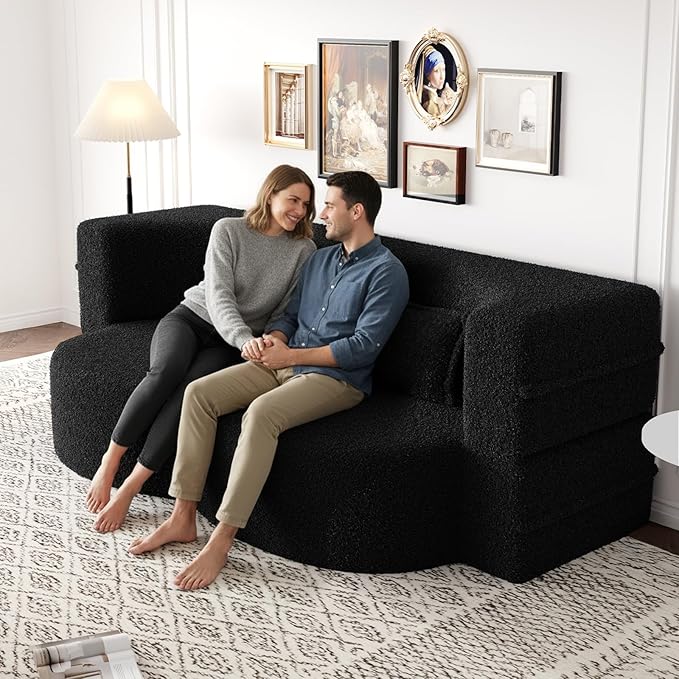 Folding Sofa Bed15 Full Size Boneless Couch for Living Room Teddy Fabric Foam-Filled Convertible Loveseat Sleeper Sofa Bed (Black-Teddy)