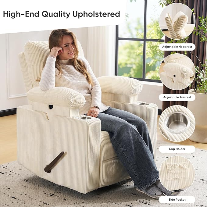 Swivel Rocker Recliner with Adjustable Armrests Rocking Nursery Chair with Adjustable Headrest Cup Holder Manual Recliner Nursing Chair for Breastfeeding Corduroy Beige