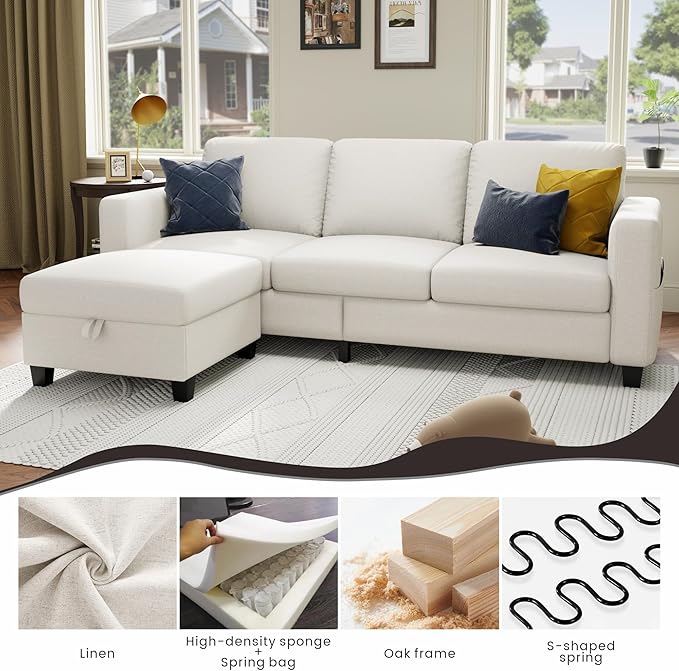 Youmumeub Sectional Couches for Living Room - Convertible Sofa and Storage Bench79''Modern Corner ConfigurationSuitable for Living Room Apartment Bedroom and Office-Beige