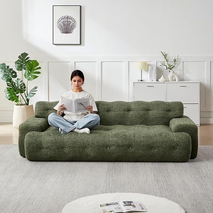 KEIKI 87.4 Cloud Couch Oversized 3 Seat Sofa with Button-Tufted Square Arm Deep Seat Chenille Seat for Living Room Guest Bedroom No Assembly Required Green