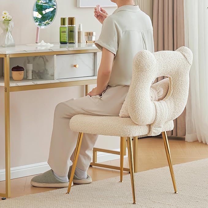 Furniliving Armless Upholstered Chair for Makeup Vanity Cute Sherpa Accent Chair for Living Room Bedroom Dressing Room Vanity Stool Chair with Back Gold Legs IvoryWhite