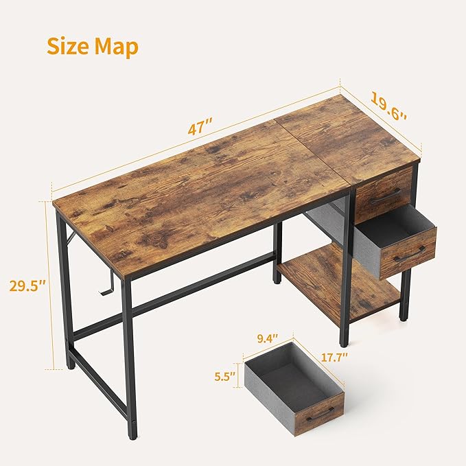 BANTI Computer Home Office Desk with 2 Drawers 47 Inch Small Desk Study Writing Table Modern Simple PC Desk for Home Bedroom Rustic Brown