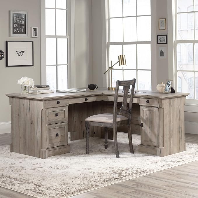 Sauder Palladia L Shaped Desk with Drawers Office Desk with File Cabinet Storage Cable Management Keyboard Tray in Split Oak finish