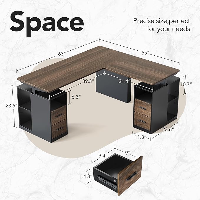 HUANUO 63 Inch L Shaped Standing Desk Electric Executive Height Adjustable Desk with Storage Drawers Reversible Design Computer Workstation for Home Office Black Walnut