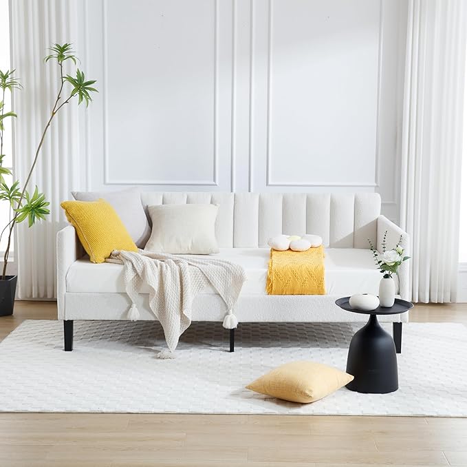 Christopher Knight Home Elena Twin Size Upholstered Daybed Futon Sofa Bed Ribbed Tufted Backrest Lavish Modern Design Couch Bed Frame for Bedroom Living Room Guest Room Apartment Ivory Boucle