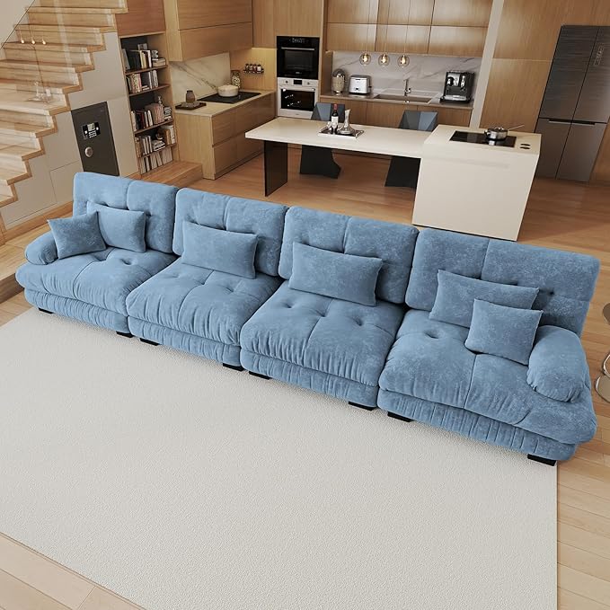 173.2 Oversized Modular Sectional Sofa 4 Seater Blue Large Sectional Couches for Living Room Chenille Fabric Sofa Set Cloud Couches Deep Seat Modern Sofas para Sala