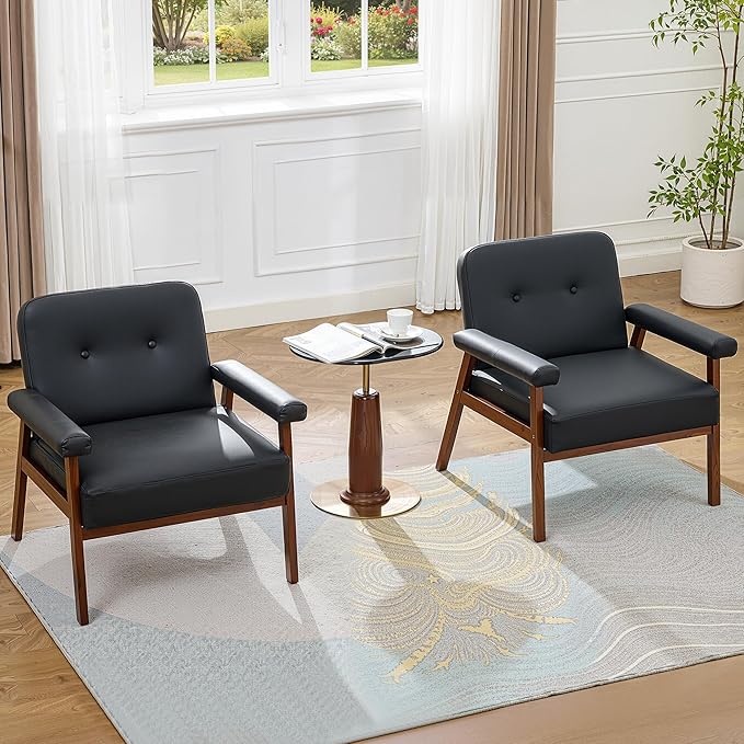 JIASTING Accent Chairs Set of 2 Black Leather Chairs with Solid Wood Frame Tufted Small Mid-Century Modern Wooden Arm Chair Comfy Office Reading Armchair for Living Room Bedroom (2)