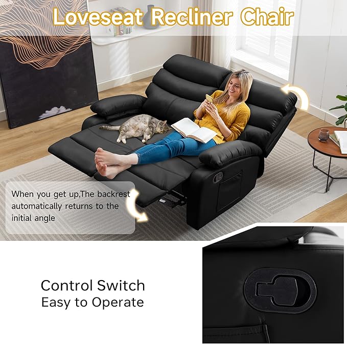 Double Recliner Loveseat Leather Reclining Loveseat 2 Recliners Set Wall Hugger Loveseat Recliner Sofa for Living Room RV Home Theater Seating(Black 2 Seater Sofa)