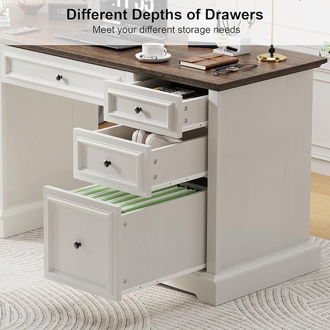Vipbear 60 Farmhouse Executive Desk with Drawers and Cabinet Embossed Texture Wood Home Office Desk Rustic Computer Writing Desk Workspace for Work Study Writing