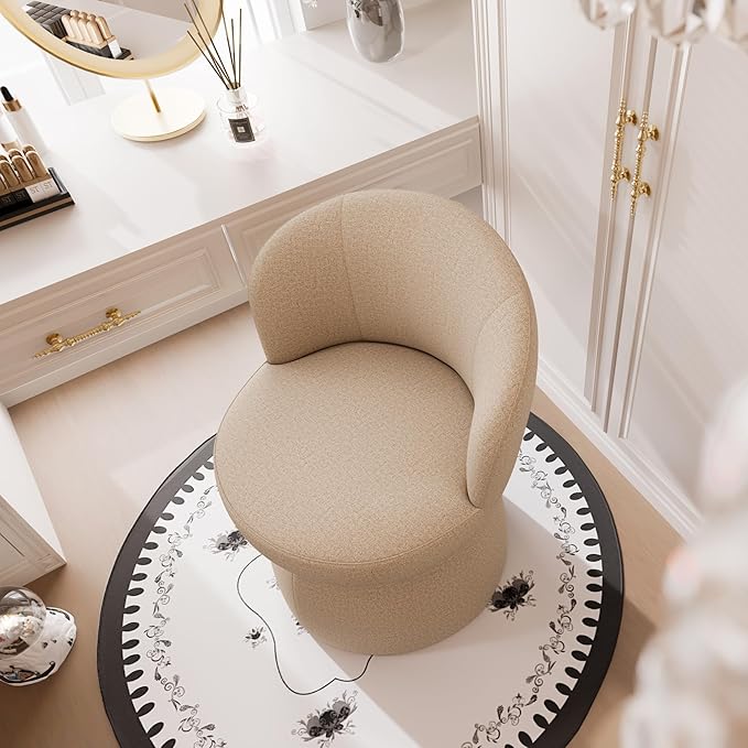 Rowill 360 Degree Swivel Vanity Chair Barrel Textured Accent Chair with Boucle Fabric Modern Khaki Accent Chairs for Living Room Dressing Room Reading Nook