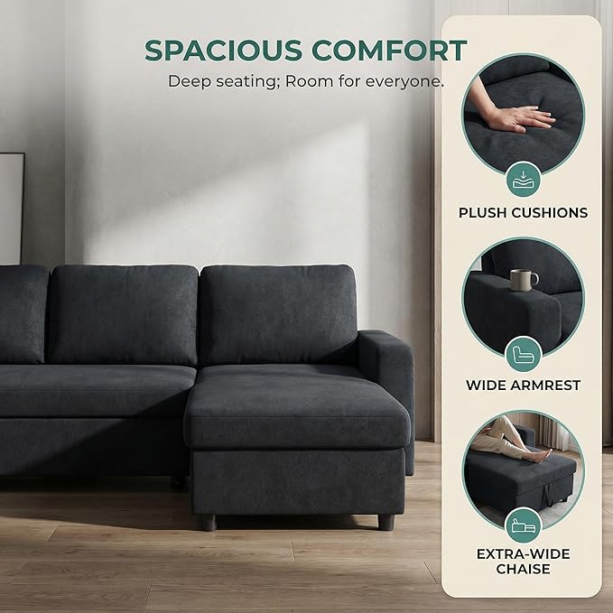 Queen Sleeper Sofa 83 Inch Convertible Sofa Bed with Storage Modular Sectional Couch with Pull Out Bed L Shaped 3 Seat Sectional Sleeper Sofa for Living Room Apartment Black