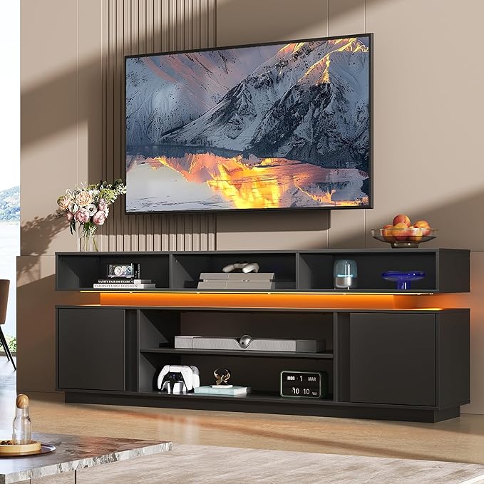 WLIVE Modern TV Stand for 75 Inch TV 2 Tier Entertainment Center with LED Lights &amp Storage Cabinets Media TV Console Gaming Television Stands for Living Room BedroomBlack