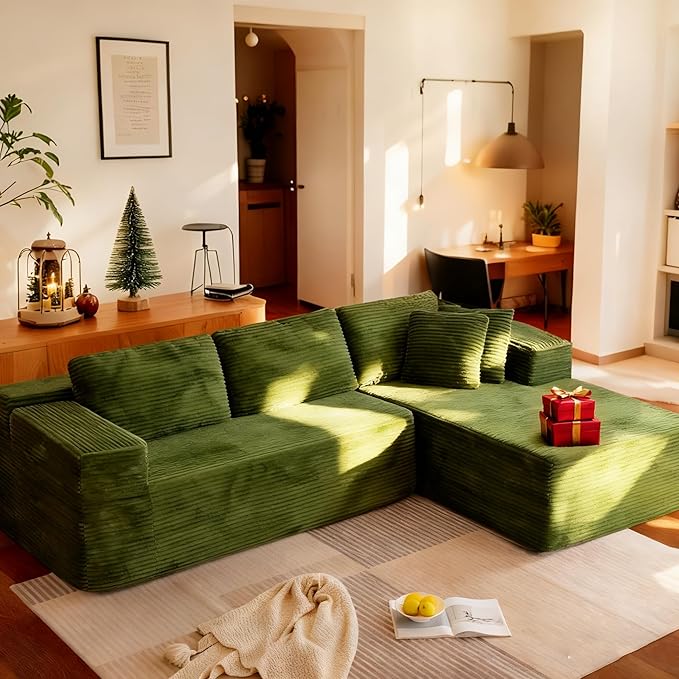 HOMREST 106 Modular Cloud Sectional Sofa with Deep Seats &amp Chaise No-Assembly L-Shape Couch for Living Room Plush Corduroy Fabric Green Oversized Comfortable Seating