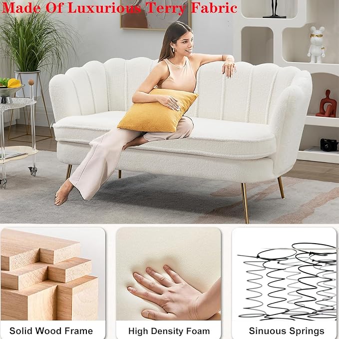 Modern Boucle Loveseat CouchFuton Small Sofa with Gold Metal Legs 2-Seater Upholstered Mini Sofa Couches for Small SpaceLiving Room Bedroom Office Dorm Studio Apartment Love Seat Couche(White)