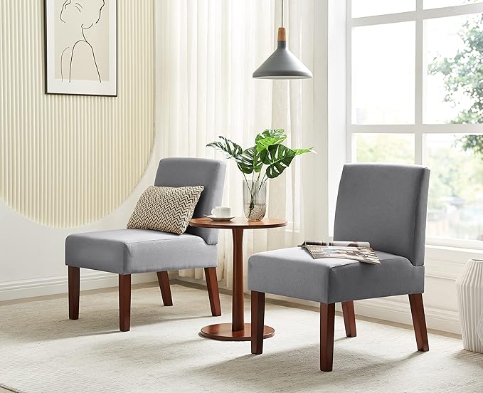 Grey Fabric Accent Chair Set of 2 with Round Wood Table Versatile Side Chair Set for Bedroom Living Room &amp Office