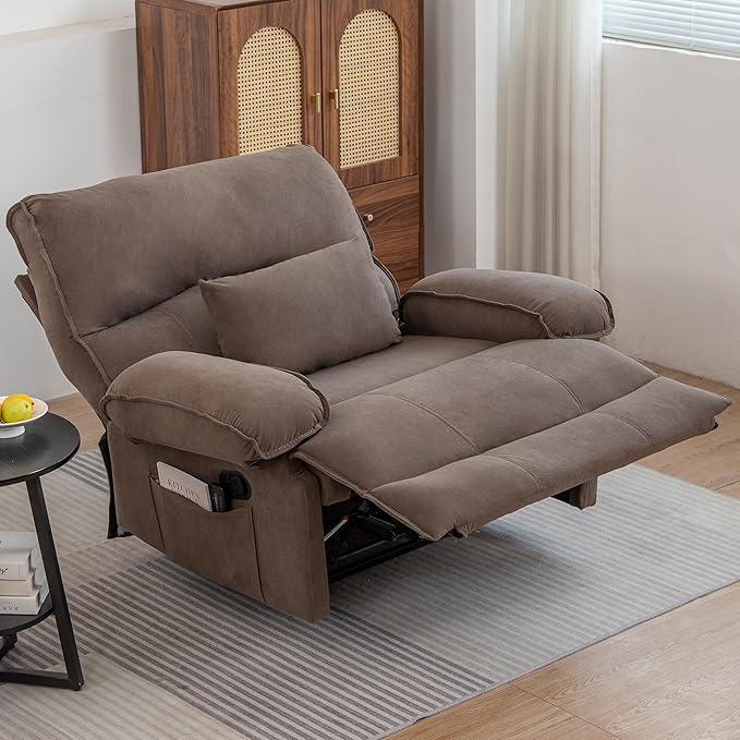 Extra Wide Velvet Manual Recliner Chair for Adults Oversized 27’’ Seat Width Reclining Sofa with Massage and Heating for Big and Tall People Overstuffed Lazy Boy Couch for Living Room Brown