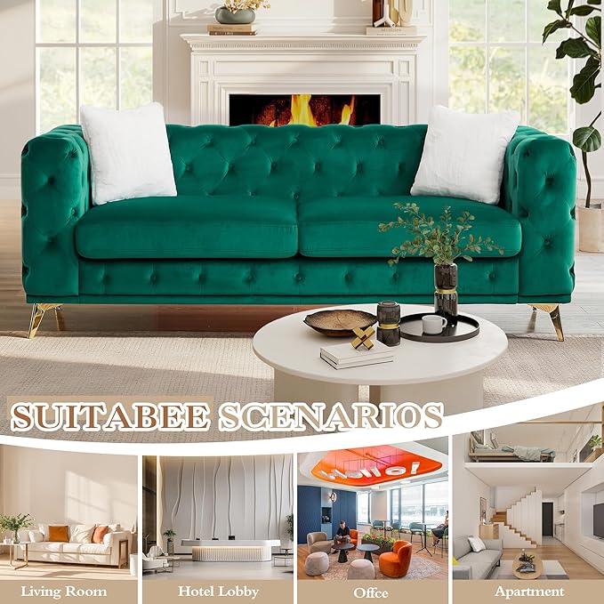 2 Piece Velvet Chesterfield Sofa Set Mid-Century Modern Love Seat Button Tufted Couch with Curved Arms Gold Metal Legs Deep Seat Comfortable Living Room Set Furniture (Green Couch and Loveseat)
