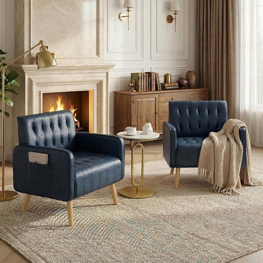 Leather Accent Chair Set of 2 Mid-Century Modern Tufted Living Room Chair with Wooden Legs and Side Pocket Cozy Office Reading Chair Comfy Armchair for Living Room Waiting Room