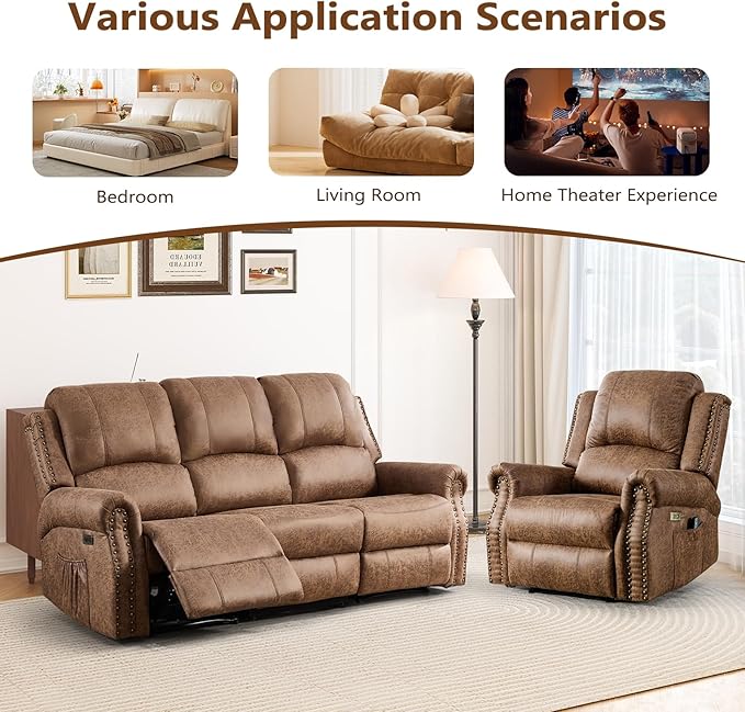 Classic 2 Electric Recliners with Massage &amp Heat for Adluts Faux Leather Power Recliner Chair with USB Port Overstuffed Heavy Duty Reclining Sofa with Rivets for Living Room Brown