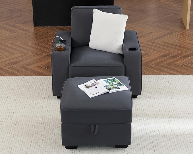 VanAcc Couch Sofa Chair with Storage Ottoman Modern Couch with Cup Holders &amp USB Charging Ports Deep Seat Sofa for Living Room(Charcoal Grey Chenille)