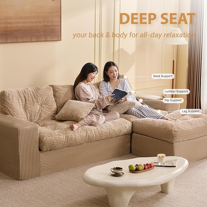Modular Sectional Sofa 102” L-Shaped Corduroy Couch with Ottoman Deep Seat Comfy Sectional for Living Room Set of Soft Upholstered Cloud Couch for Apartment Camel