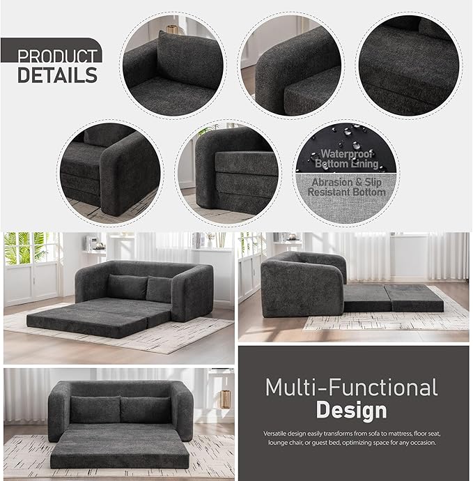 Grey Cloud Loveseat Sofa - 71 Convertible Folding Sofa Bed Chenille Boneless Floor Lounge Couch with Armrest &amp Backrest Pillows No Assembly Pull Out Sleeper for Bedroom Living Room (Grey 71 W