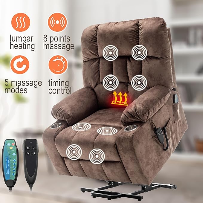 Large Power Lift Recliner Chair with Massage and Heat for ElderlyOverstuffed Wide ReclinersBreathable Leather with 2 Cup HoldersDual OKIN MotorRecline up to 180 Degrees