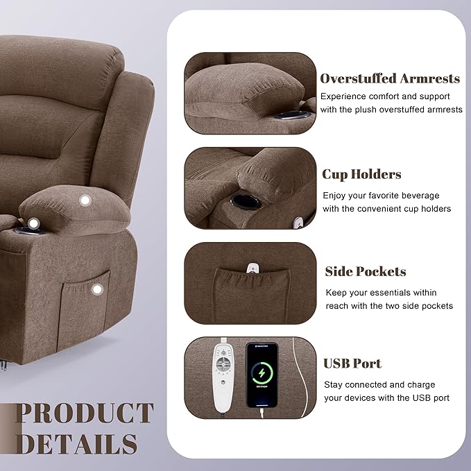Oversized Recliner Sofa with Massage and Heat Large Big 3-Seater RV Recliner Couch Sofa for Living Room Wall-Hugger Reclining Sofa with Cup Holders and USB Port (Fabric Brown)