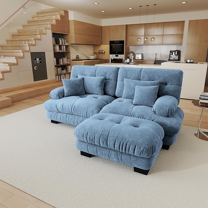 94.4 Oversized Modular Sectional Sofa Blue Large Sectional Couches for Living Room Chenille Fabric Sofa Set Cloud Love Seat Couches with 1 Ottoman Deep Seat Modern Sofas para Sala