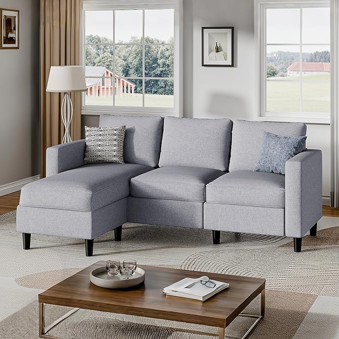 Shintenchi Small Sectional Couch Sofas 3 Seat L Shape Sofa with Ottoman Corduroy Upholstered Convertible Sofa Couches Small Couch for Apartments and Office (Light Grey)