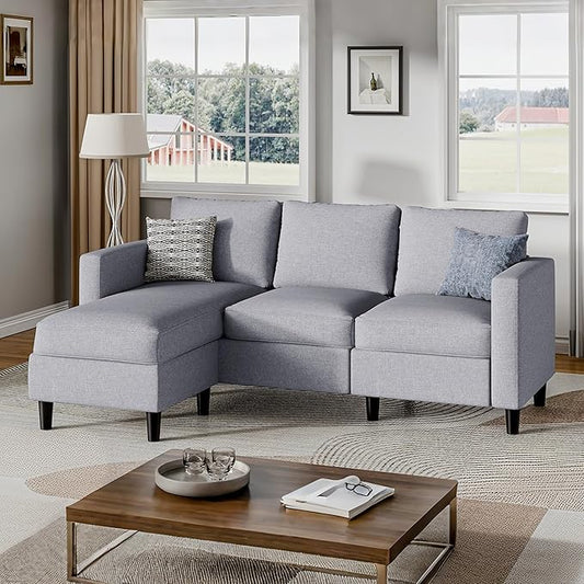 Shintenchi Small Sectional Couch Sofas 3 Seat L Shape Sofa with Ottoman Corduroy Upholstered Convertible Sofa Couches Small Couch for Apartments and Office (Light Grey)