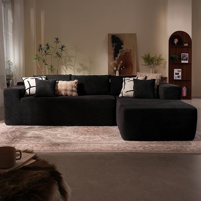 106 Modular Cloud Sectional Sofa Couch - L Shaped Lounge Couches for Living Room with ChaiseMdoren Minimalist Sleeper SofaDeep SeatNo Assembly Required (BlackCorduroy Right Facing Chaise)