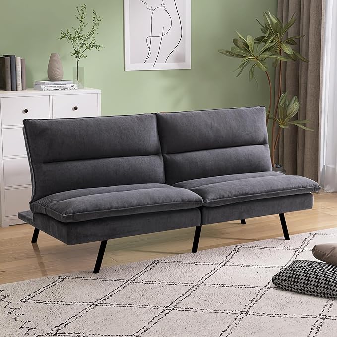 Memory Foam Futon Sofa BedLinen Fabric Futon CouchConvertible Armless FutonsSmall Splitback Loveseat Sleeper Sofa Bed for Living RoomOfficeApartmentPure Black