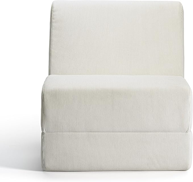 Folding Sofa Bed Convertible Sleeper Chair with Back Support Multifunctional Chaise Lounge Chair Corduroy Single Floor Couch for Small Space Apartment Dorm Office White