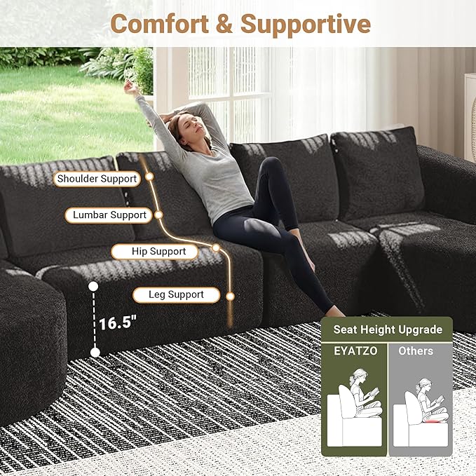 144 Modular Sectional Sofa No Assembly Required U-Shaped Cloud Couch with Chaise Modern Curved Boneless Sofa in Luxurious Boucle Fabric Deep Seats Memory Foam (Dark Grey) | Zero-Assembly Design