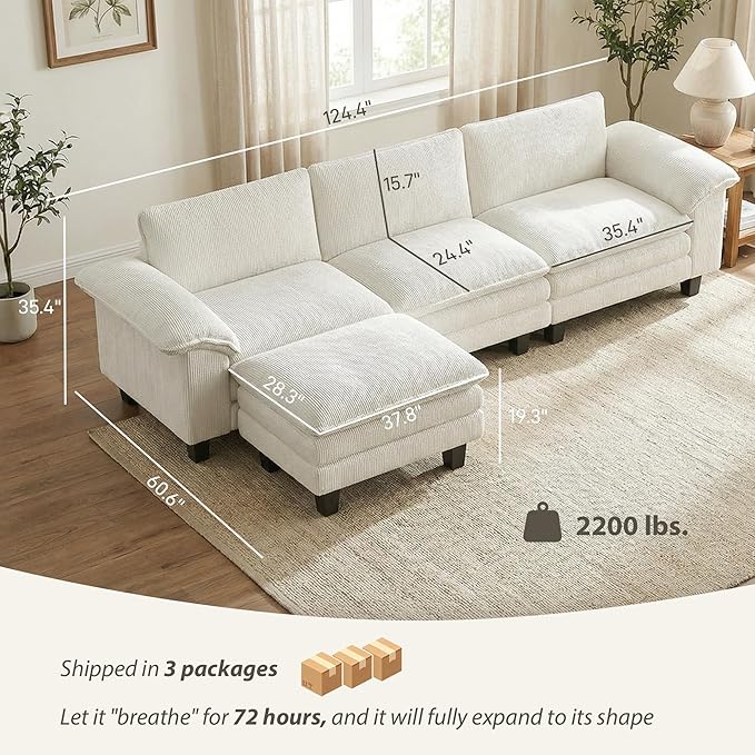 HOMCOM Modular Sectional Sofa Couch 124 Oversized L Shape Sectional Cloud Couch with Deep Seat Movable Ottoman and Pillow-top Armrests for Living Room Bedroom and Apartment Beige | Deep seat