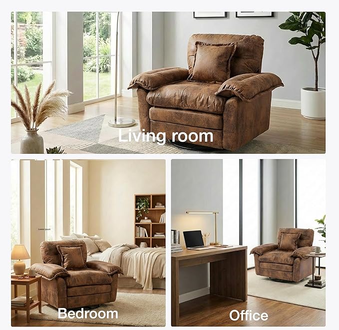 360° Swivel Accent Chair Oversized Plush Modern Suede Armchair with Padded Seat &amp Back Comfy Spinning Chair for Living Room Bedroom Office (Brown)