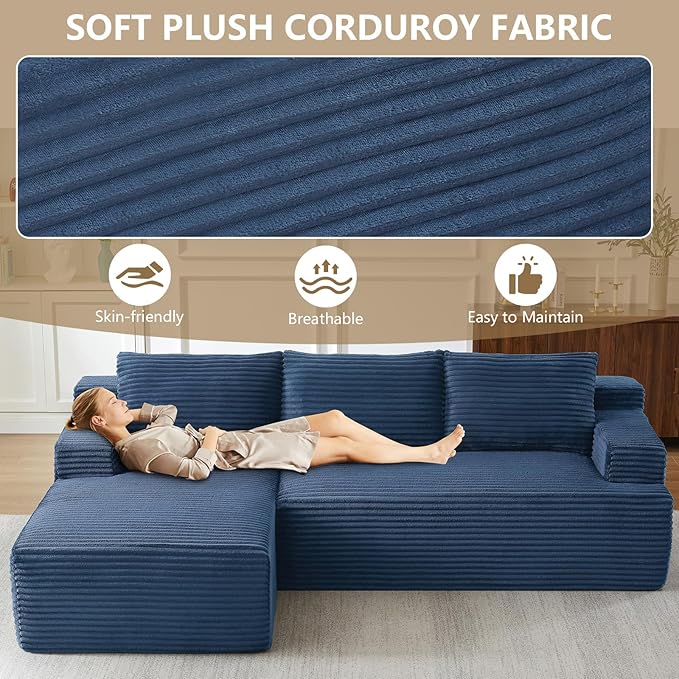 96 Modular Sectional Sofa Modern Corduroy L Shaped Cloud Couch with Side Pockets Boneless Upholstered Couches with Deep Seat for Living Room No Assembly Required (Blue Left Facing Chaise)