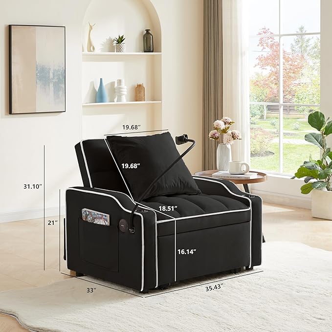 3 in 1 Convertible Sleeper Sofa Bed with Phone Holder 35'' Pull Out Sofa Bed Recliner with Adjustable Backrest Velvet Fabric Sleeper Couch Single Modern Chair for Small Space &amp RV Black