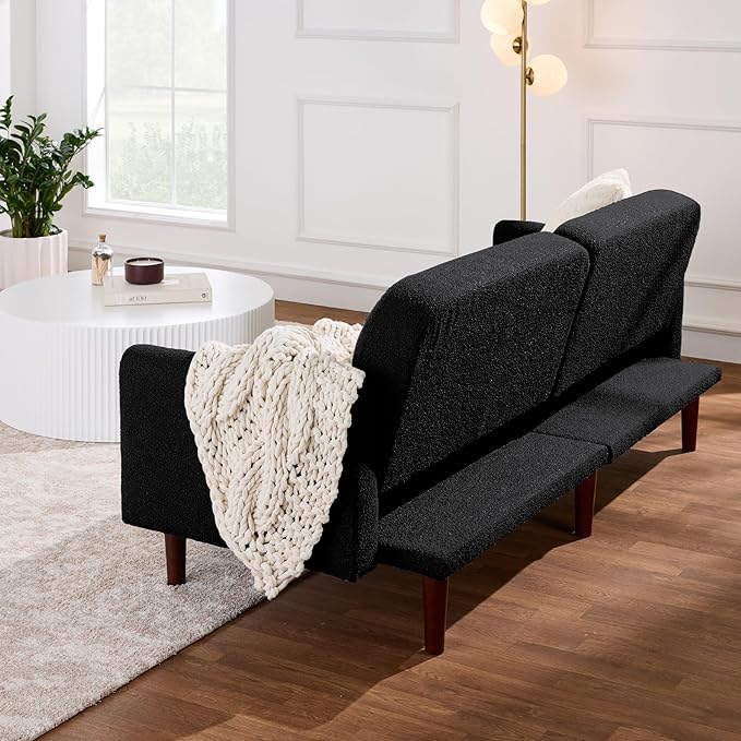 Best Choice Products 77 Mid Century Modern Boucle Loveseat Sofa Couch Convertible Sofa Sleeper Bed w/Real Wood Removable Armrest - Midnight Black