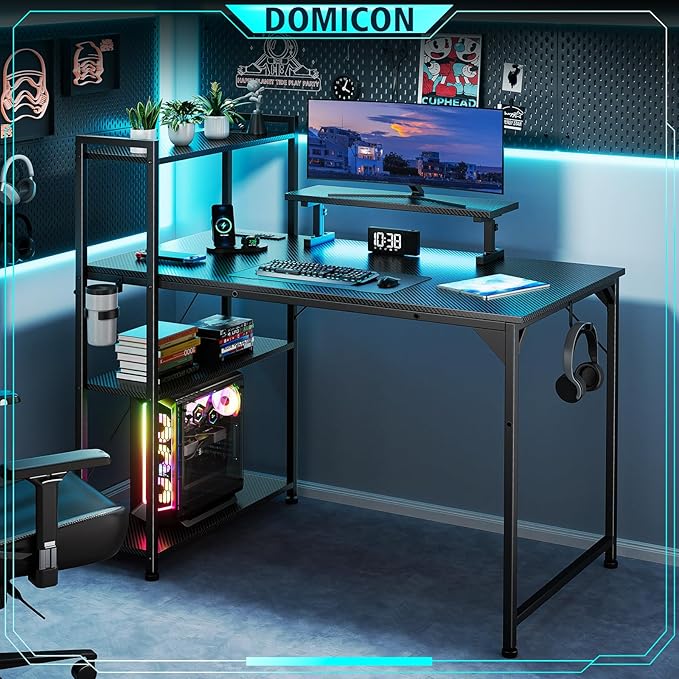55 Inch Gaming Desk with LED Light Computer Desk with Reversible Storage Shelves and Power Outlets for Home Office Black