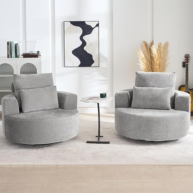 Furnimart 40 Oversized Barrel Accent Chair Set of 2 360° Swivel Round Upholstered Sofa Chenille High-Resilience Sponge No Assembly Wide Seat for Living Room Bedroom Apartment (Gray)