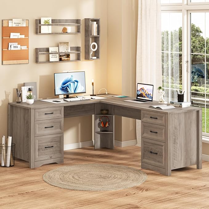 Farmhouse Home Office Desk with 6 Drawers L Shaped Executive Desk with Power Outlets and Triangle Under-Desk Storage Shelf &amp Drawer File Cabinet Corner Computer Desk Grey