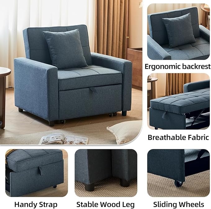 3-in-1 Convertible Sleeper Chair Pullout Chair with Extra Pillow Recliner Sofa Bed with 4 Adjustable Angles Convertible Lazy Sofa Bed for Small Spaces Home Office Blue