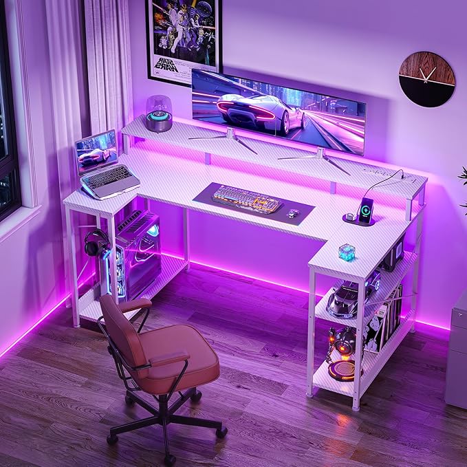 ODK 48 Inch Gaming Desk with LED Lights and Power Outlet U-Shaped Computer Desk with Monitor Stand and Storage Shelves PC Gamer Table for Home Office Carbon Fiber White