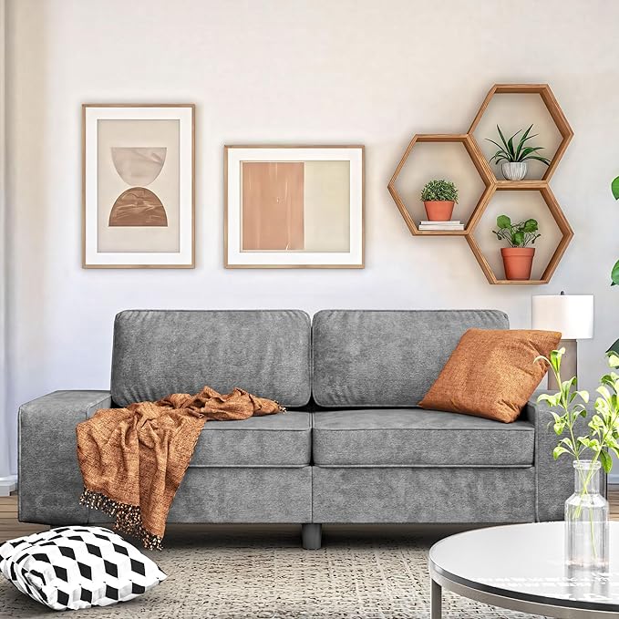 84 Chenille Loveseat Couch 3 Seater Retro Sofa with 4 Side Pockets Removable and Washable Cushions Mid Century Modern Living Room Bedroom Apartment (Light Grey)